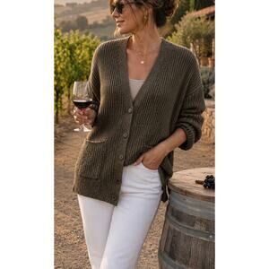Eileen Fisher Organic Cotton Cashmere Chunky Cardigan Sweater L Olive Taupe